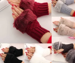 Fashion Women Faux Rabbit Furr Hand Wrist Warmer Winter Fingerless Knitted Gloves