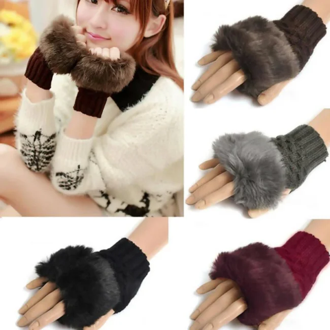 Fashion Women Faux Rabbit Furr Hand Wrist Warmer Winter Fingerless Knitted Gloves - Image 2