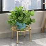 Modern circular Metal Plant Stand Pakistan with wood shelf holding an orange flower pot stand.