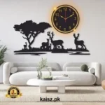 buy Grazing Deer Wooden Wall Clock Pakistan 40x18 inch MDF jungle design