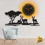 buy Grazing Deer Wooden Wall Clock Pakistan 40x18 inch MDF jungle design