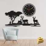 buy Grazing Deer Wooden Wall Clock Pakistan 40x18 inch MDF jungle design
