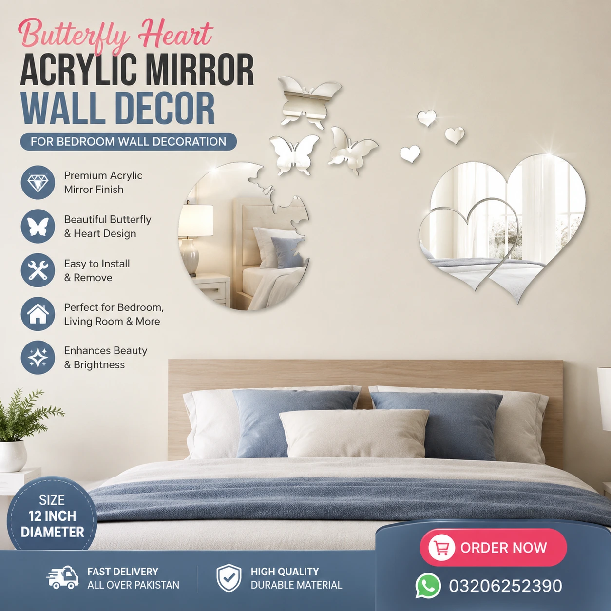 Butterfly Heart Acrylic Mirror Wall Decor for bedroom wall decoration Pakistan