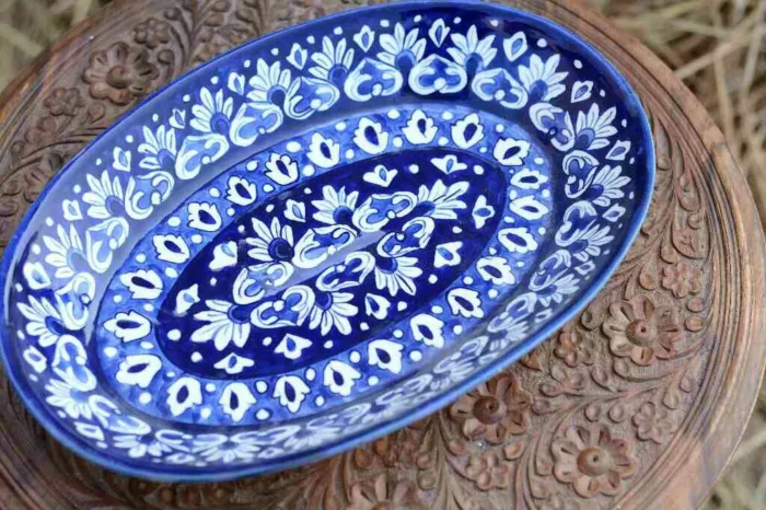 Blue Pottery Oval Shape Rice Tray 13.5x9