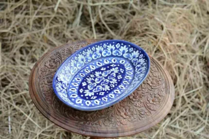 Blue Pottery Oval Shape Rice Tray 13.5x9