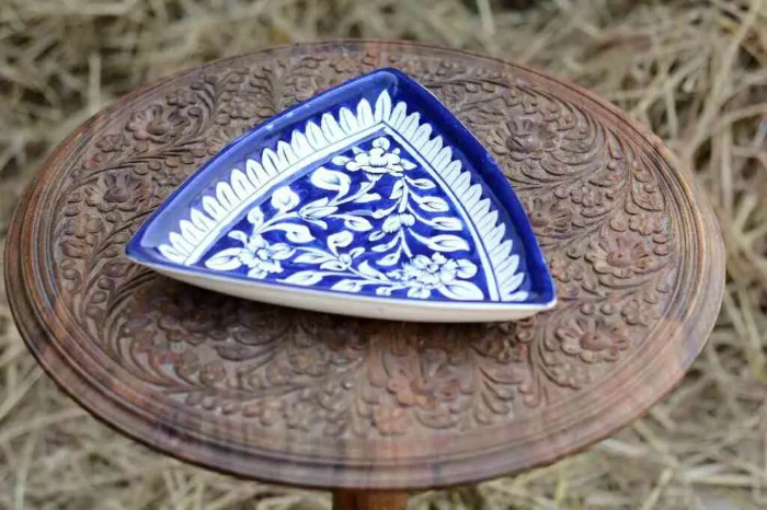 Blue Pottery Triangular Dish 9.5x9.5--