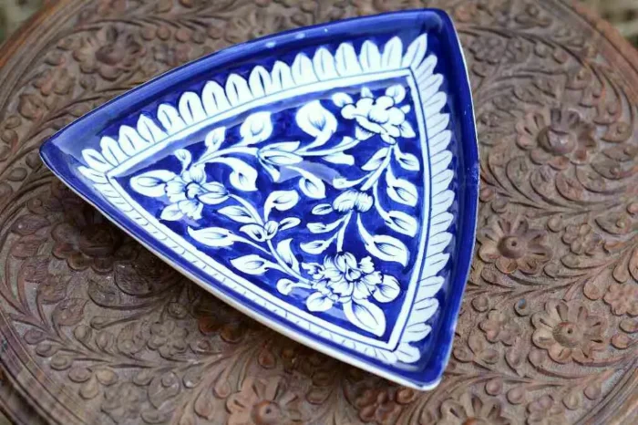 Blue Pottery Triangular Dish 9.5x9.5--