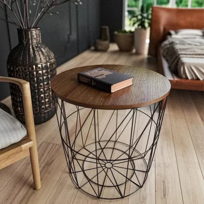 Iron Art Bedside Table with Storage Basket