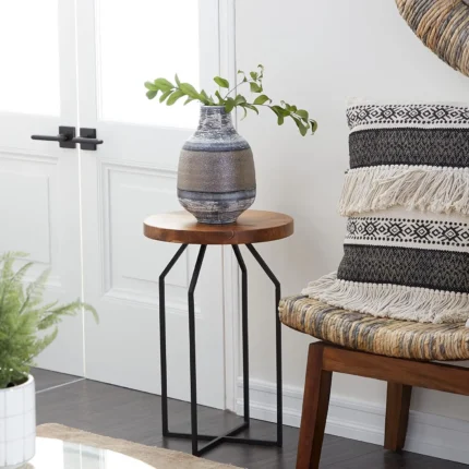 Wood Black Metal Accent Table