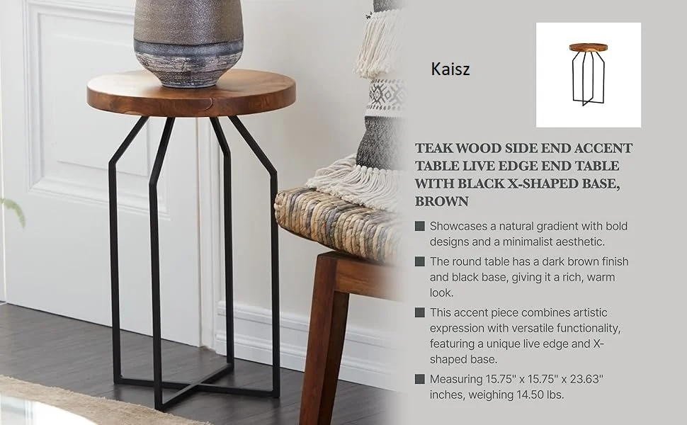 Wood Black Metal Accent Table