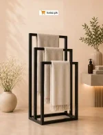 Freestanding 3 Tier Black Metal Towel Rack with Powder Coated Stainless Steel Frame for Bathroom Organization, Space Saving No Drill Towel Stand by Kaisz Pakistan