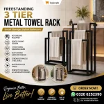 Freestanding 3 Tier Black Metal Towel Rack with Powder Coated Stainless Steel Frame for Bathroom Organization, Space Saving No Drill Towel Stand by Kaisz Pakistan