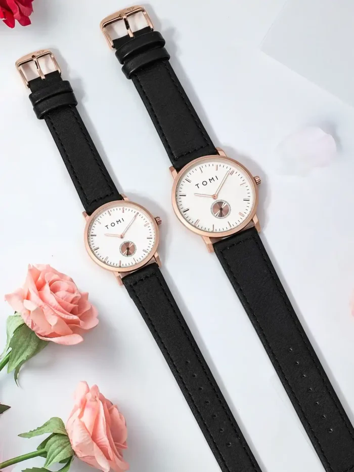 TOMI Rose Gold Leather Strap Quartz Watch