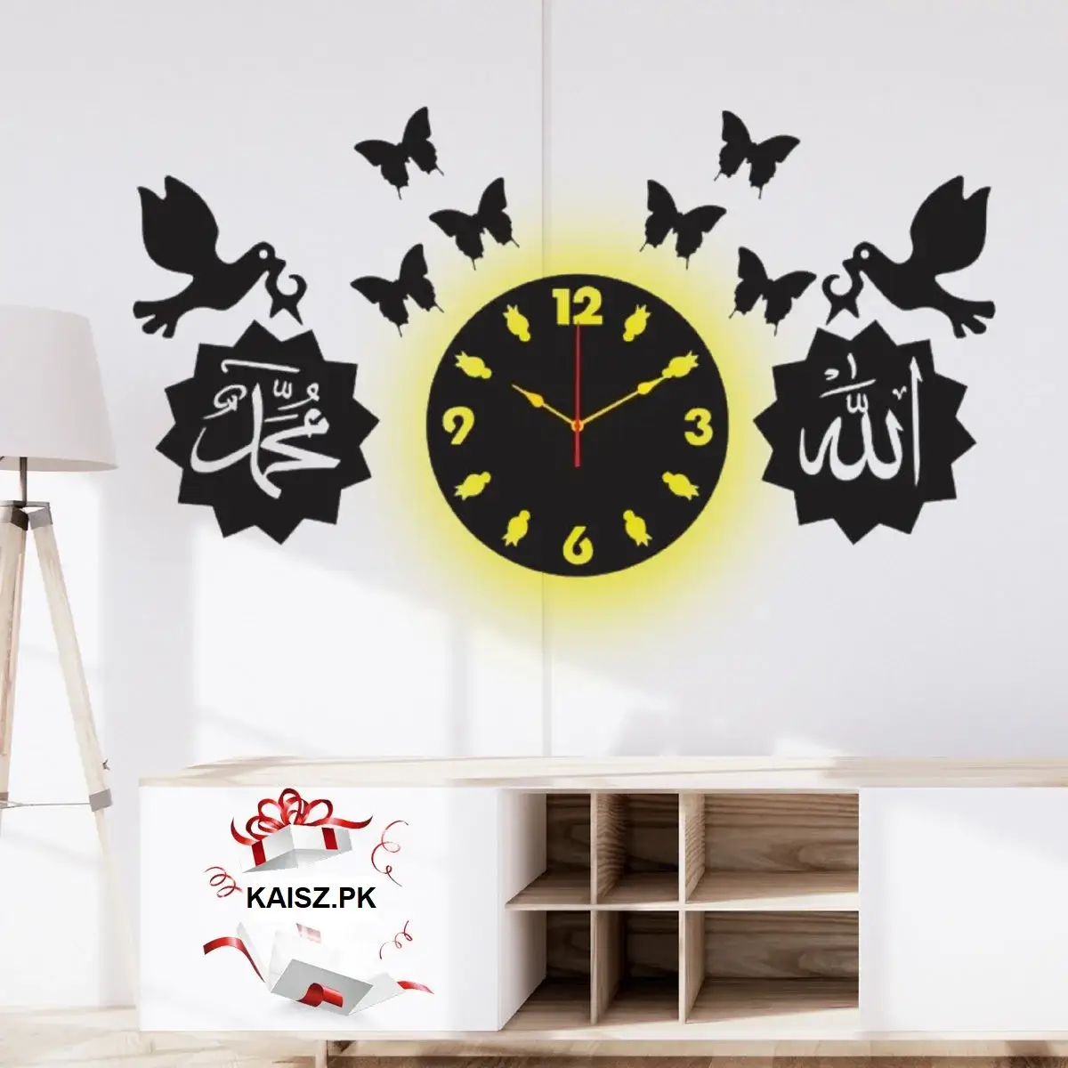 Birds Islamic Wooden Wall Clock Allah Muhammad black bird design analogue wall clock for home décor in Pakistan
