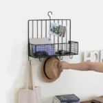 Black metal hanging kitchen spice rack with 5 utility hooks