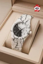Polycarbonate Arabic Aura Marble Watch for Men with quartz movement, Arabic double dial, marble-style case, and stylish wrist design for daily and formal wear in Pakistan.