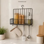 metal hanging spice rack with utensil hooks black kitchen storage shelf wall mounted organizer (2)