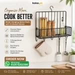 metal hanging spice rack with utensil hooks black kitchen storage shelf wall mounted organizer (2)