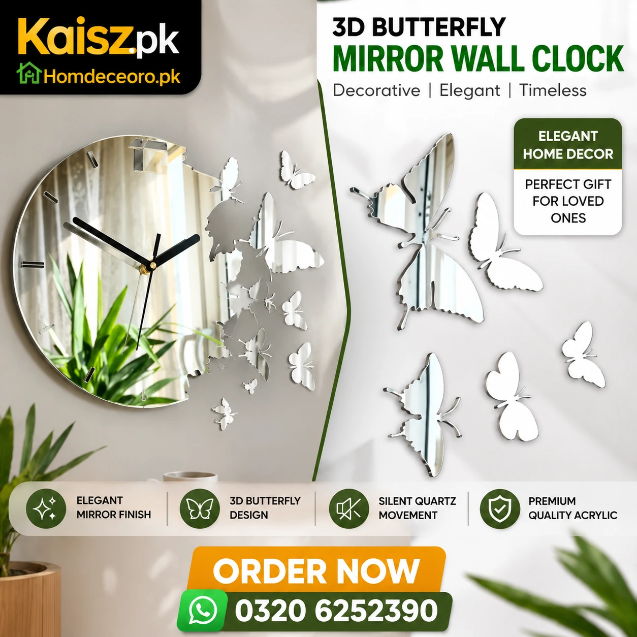 Mirror Butterfly Wall Clock Pakistan –Decorative Acrylic Clock