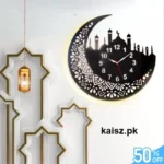 Islamic Wooden Wall Clock with Premium Light Moon Mosque Design Pakistan