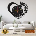 buy Heart Wall Clock, Wooden black butterfly style MDF wall clock for home décor, Pakistan (2)