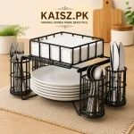 3-in-1 luxury metal buffet organizer with plate and cutlery holder