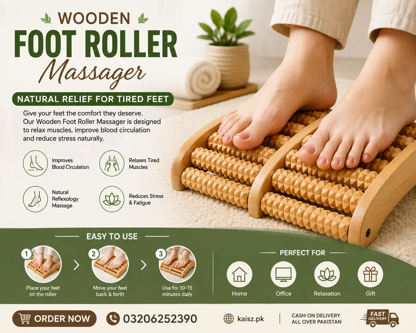 Wooden foot roller massager used for natural foot pain relief, stress reduction, and improved blood circulation in a home wellness setup.