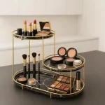 Luxury 3 Tier Makeup Organizer Pakistan with golden frame and marble shelves