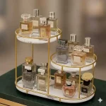 Luxury 3 Tier Makeup Organizer Pakistan with golden frame and marble shelves