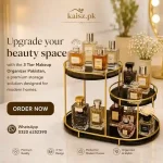 Luxury 3 Tier Makeup Organizer Pakistan with golden frame and marble shelves