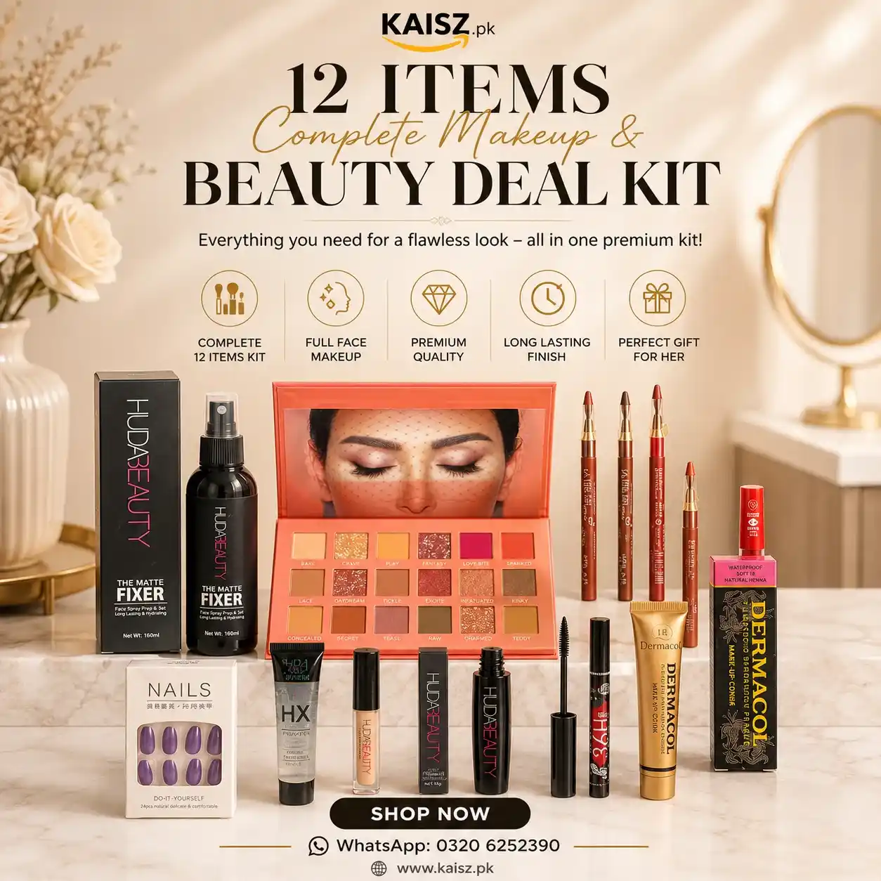 12 Items Complete Makeup & Beauty Deal Kit Full Face Makeup Set with Foundation, Primer, Concealer, Eyeshadow Palette, Mascara, Eyeliner, Lip Gloss, Lip Pencils and Nail Polish in Pakistan