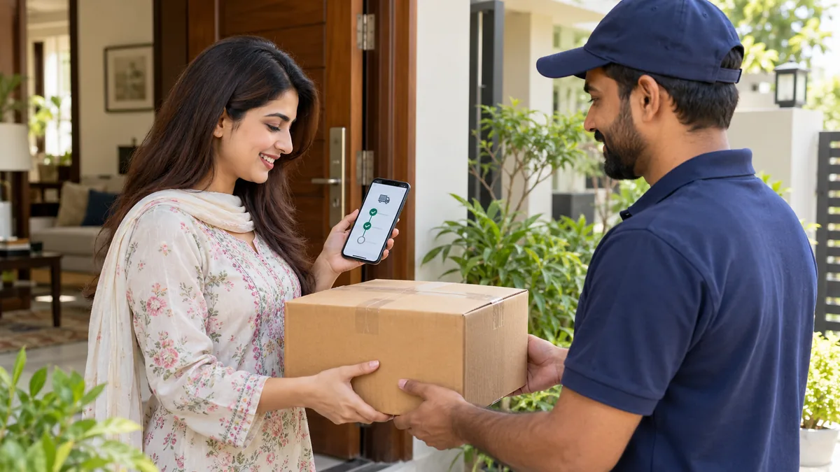Online shopping delivery in Pakistan with customer receiving and tracking a parcel