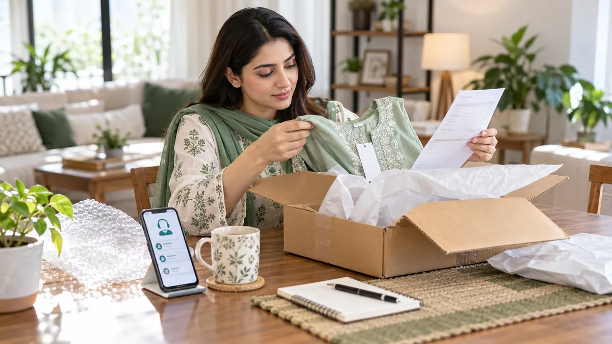 Online shopping return policy in Pakistan with customer checking returned parcel