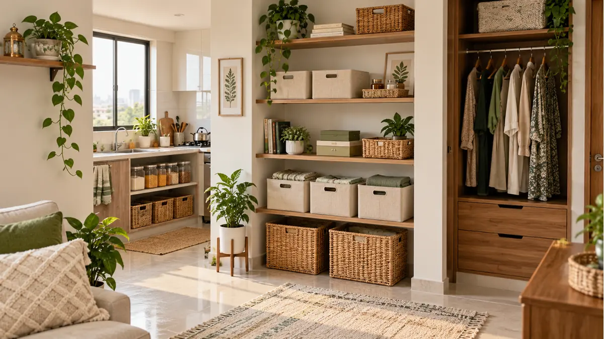 Small home organization ideas with shelves, storage baskets and wardrobe