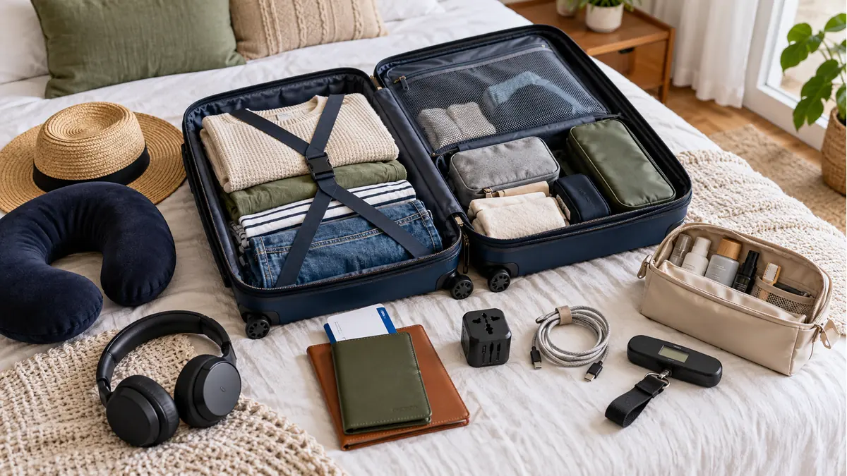 International travel packing checklist with organized suitcase and essentials